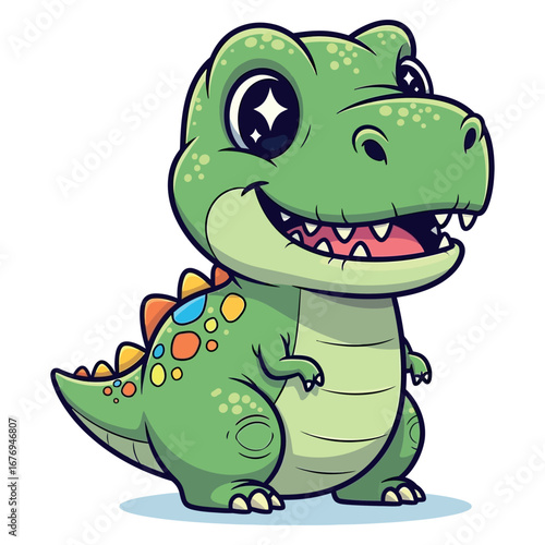 Charming green cartoon dinosaur with big eyes and colorful spikes on back roaring happily vector