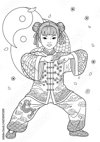 the girl does taichi gymnastics. coloring book