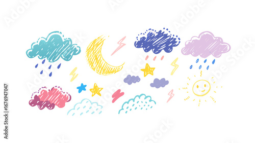 Hand drawn crayon weather elements clouds rain