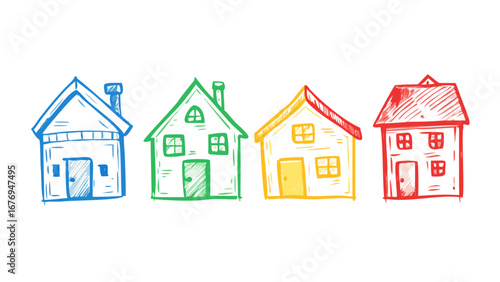 Hand drawn houses in red green blue yellow homes buildings