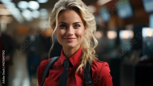 Wallpaper Mural Confident woman in red attire poses at a busy airport terminal while carrying a backpack during evening travel rush Torontodigital.ca