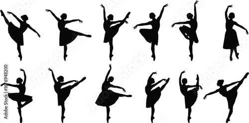 Elegant ballet dancer silhouettes performing graceful poses, classic dance movements, female ballerina art, black and white illustration, graceful flexibility