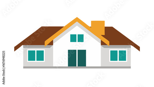 Modern house with dual pitched roof and teal windows home building