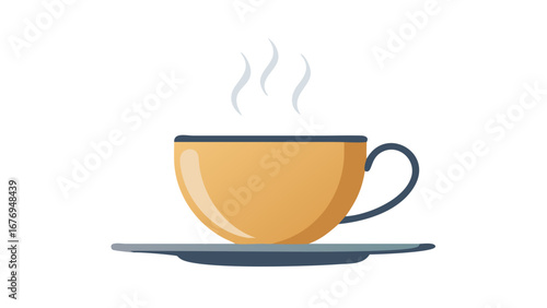 Orange teacup with steam and saucer hot drink beverage