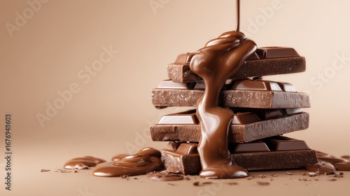 Smooth molten chocolate flowing over stacked chocolate bars creating a delicious and decadent dessert background ideal for food-related designs