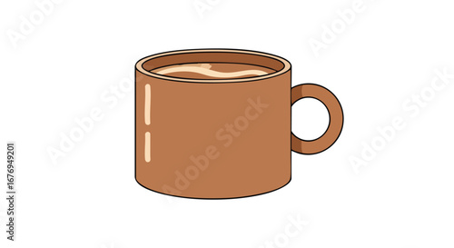 Minimalist depiction of coffee in a ceramic mug, rendered with flat design aesthetics and clean, cartoon like vector illustration style