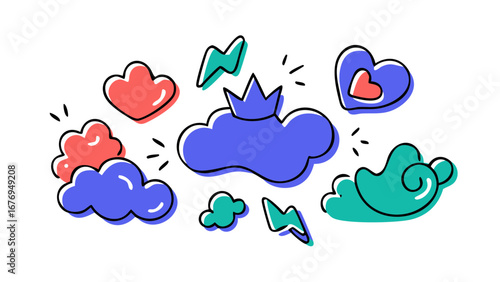 Playful doodle icons clouds hearts lightning bolts vector