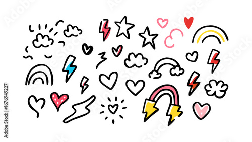 Playful doodle icons hearts and lightning bolts doodles pink