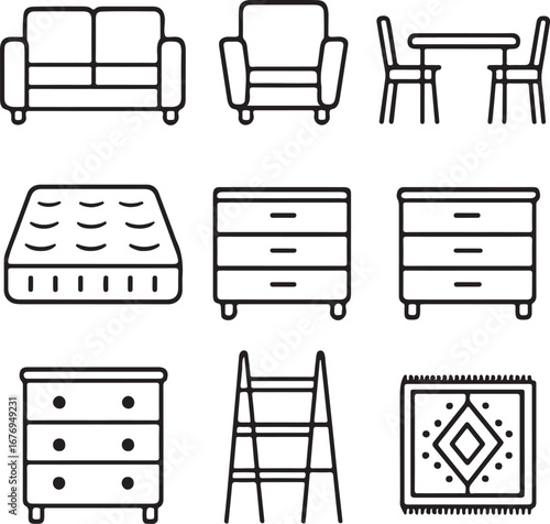 Furniture Icons Vector Set Sofa Chair Bed Drawer Table Home