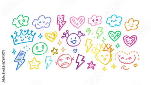 Playful doodle icons rainbow colors colorful clouds