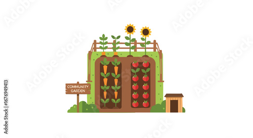 Stylized depiction of a flourishing community garden, showcasing the essence of urban agriculture and healthy lifestyle with vivid crops