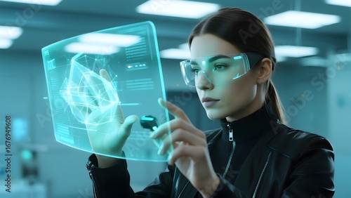 A person interacts with a holographic display in a futuristic setting.