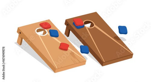 Animated cornhole game illustration showcasing recreational outdoor activity with wood platforms and red and blue bean bags on a white backdrop