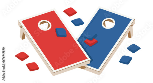 Vibrant cornhole game setup, featuring red and blue boards with strategically placed bean bags, symbolizing outdoor fun and friendly competition in