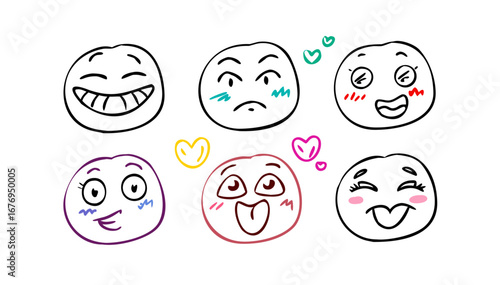 Six expressive cartoon faces with colorful hearts emojis expressions