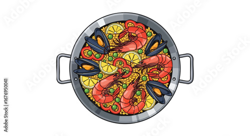 Delicious seafood paella illustration with shrimps, mussels, lemon, rice, and peppers in a traditional pan, a culinary delight isolated on white