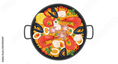 Authentic Seafood Paella Illustration Displaying Vibrant Colors and Ingredients in Detailed Graphic Style Presentation