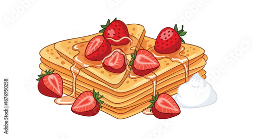 Illustrative Stack of Pancakes with Syrup, Strawberries, and Whipped Cream Illustration Artwork