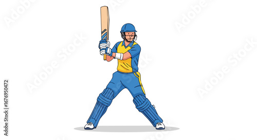 Cartoon Illustration of a Cricket Player Ready to Strike Ball with Bat in a Match