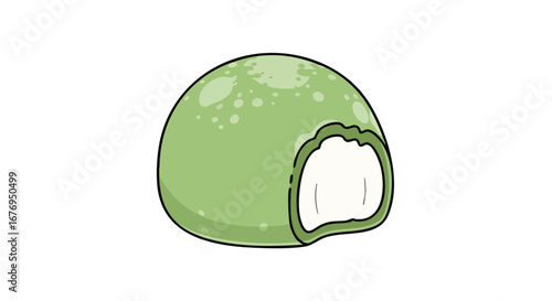 Delightful green mochi illustration with a creamy filling ready to enjoy its delicious taste and appealing appearance on white background