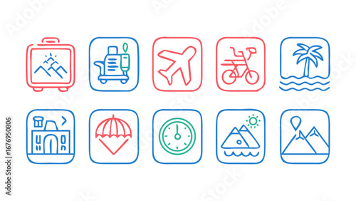 Travel icons with mountains airplanes and palm trees suitcase