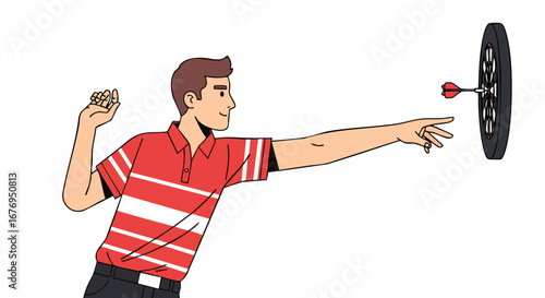 Man throwing a dart, hitting the bullseye, depicting focus and precision skill, with a game of accuracy and entertainment