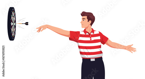 Focused dart player achieving target precision in vector illustration ready to score the winning points, with red and white striped shirt and black