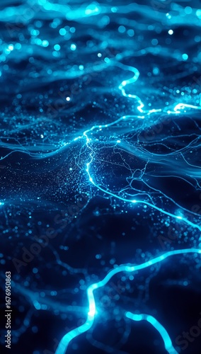 Glowing neon futuristic oceans representing fluidity of artificial intelligence powered innovation and science