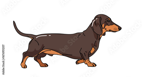 Cartoon Style Brown and Tan Dachshund Illustration Standing Alert and Observing its Surroundings with Curiosity and Focused Attention
