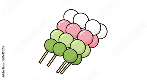 Colorful Dango Skewers: A Japanese Sweet Treat Illustration, Representing a Traditional Confectionery Item in White Pink and Green Hues