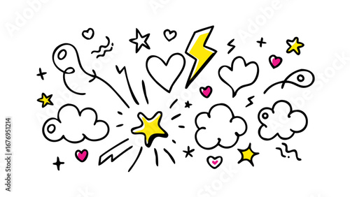 Yellow lightning bolts and pink hearts scattered vector