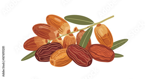 Artistic Depiction of Ripe Dates on a Branch with Leaves, Symbolizing Harvest Season and Natural Goodness