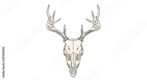 Stylized deer skull illustration with intricate antler design on a stark white backdrop evoking a sense of mystic and macabre beauty in detail
