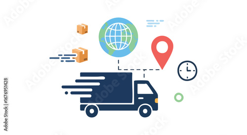Worldwide efficient delivery service representation with truck, clock, earth and boxes showing global shipping and logistical support for commercial