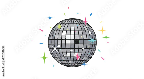Sparkling Disco Ball Illustration Radiating Energy and Celebration with Colorful Flares and Stars for Festive Events