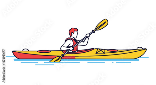 Stylized vector illustration depicting a person kayaking on the water with a bright yellow kayak, symbolizing recreation and outdoor sports