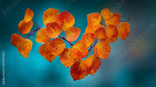 Vibrant autumn aspen leaves glow with warm orange and red hues against a soft blue background