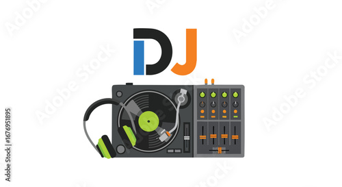 Vibrant DJ Setup Illustration with Turntable Mixer and Headphones Creating Lively Energetic Feel