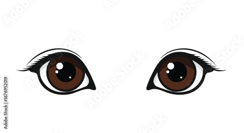 Cartoonish pair of brown eyes peering out from a stark white canvas capturing innocence and intrigue with simple graphic charm