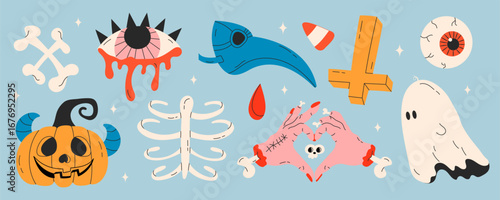 Halloween set with cute and spooky characters and stuff. Funny doodle Helloween bundle with holiday pumpkin, ghost, candy for October party. Kids flat vector illustrations isolated on white background