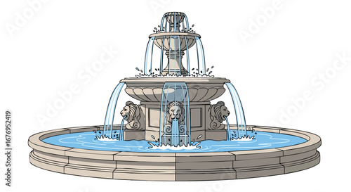 Elaborate water fountain illustration with tiered basins and lion head sculptures, evoking grandeur and classic design