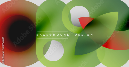 Abstract shapes overlap, creating vibrant gradients. Red, green, white hues blend smoothly. Text reads background design. Modern aesthetic.