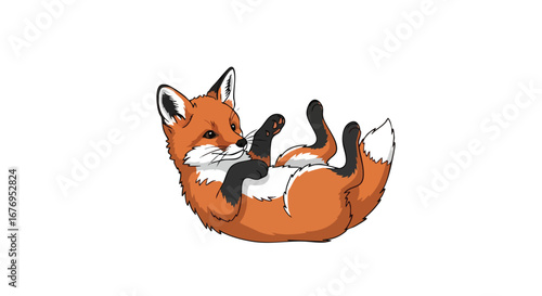 Cartoon depiction of a playful orange fox lying on its back with its paws up in the air in a delightful animated style