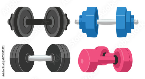 Varied weights collection displaying multiple color options emphasizing fitness training and strength building in a gym or home workout scenario