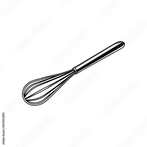Whisk: A detailed sketch of a whisk, presented in a simple black and white illustration, perfect for culinary projects. 