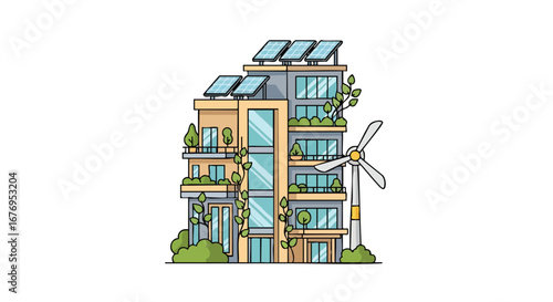 Sustainable Urban Living: A Modern Building Integrating Renewable Energy and Greenery for Eco-Conscious Lifestyle