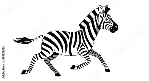A captivating graphic illustration depicting a dynamic zebra in motion against a pristine white backdrop, conveying both charm and energetic vibrancy