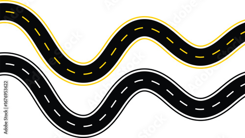 Wavy winding curves roads. Journey traffic curved highway. Wavy Road top view. Horizontal asphalt road template
