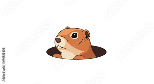 Cartoon Groundhog Emerging from Burrow, Illustrative Wildlife Character Design, Rodent Peeking Out of Hole, Nature Observation