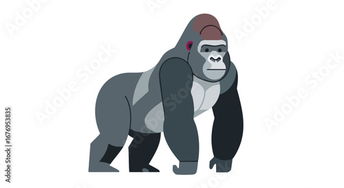 Stylized vector depiction of a gorilla with geometric shapes and flat design on a white backdrop